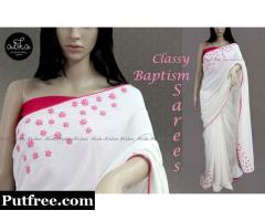 White Baptism Saree with Embroidery