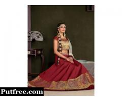 Maroon embroidered net unstitched ghagra choli at Mirraw